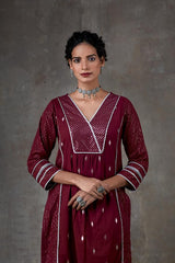 Alina V-neck Kurti Set w/ Embroidered Dupatta (SET OF 3)- MAROON