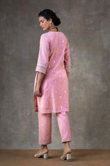 Alina V-neck Kurti Set w/ embroidered Dupatta (SET OF 3)- Pink
