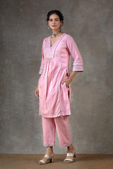 Alina V-neck Kurti Set w/ embroidered Dupatta (SET OF 3)- Pink