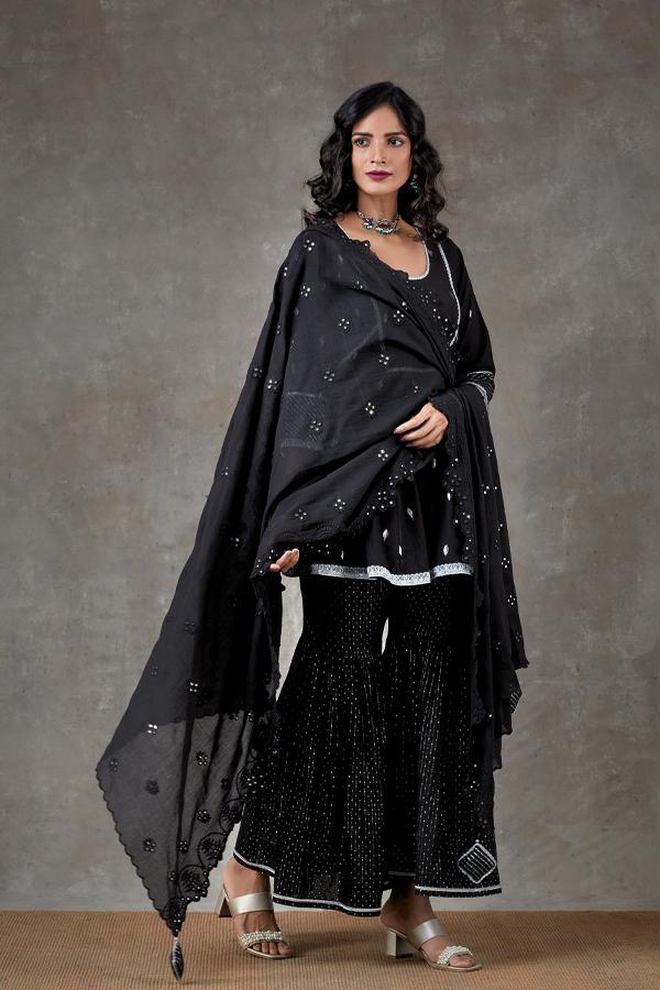 Black Layla Sharara Set with black embroidered Dupatta (SET OF 3)