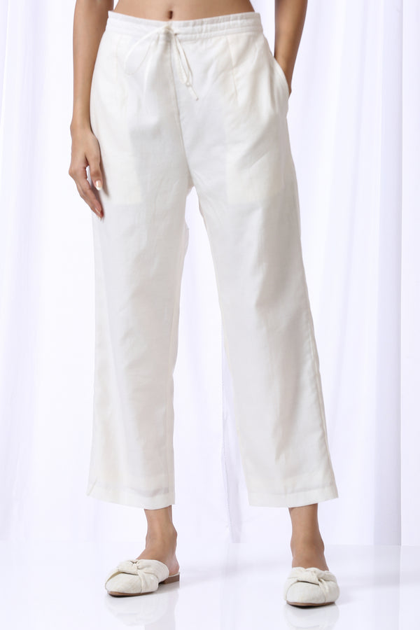 Ivory Satin Cotton Pants with pockets