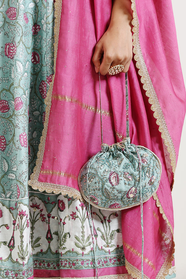 FLORAL EMBROIDERED POTLI- GREEN