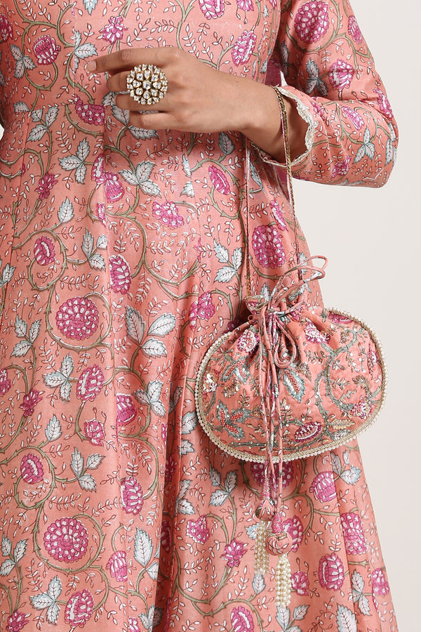 FLORAL EMBROIDERED POTLI- CORAL